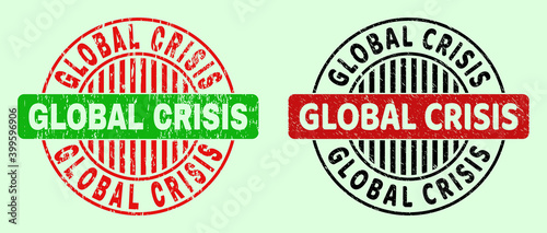 GLOBAL CRISIS bicolor round watermarks with unclean style. Flat vector distress watermarks with GLOBAL CRISIS title inside circle, in red, black, green colors. Rounded bicolor watermarks.