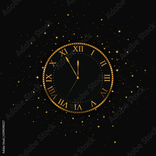 New Year gold clock. Merry Christmas. Vector illustration