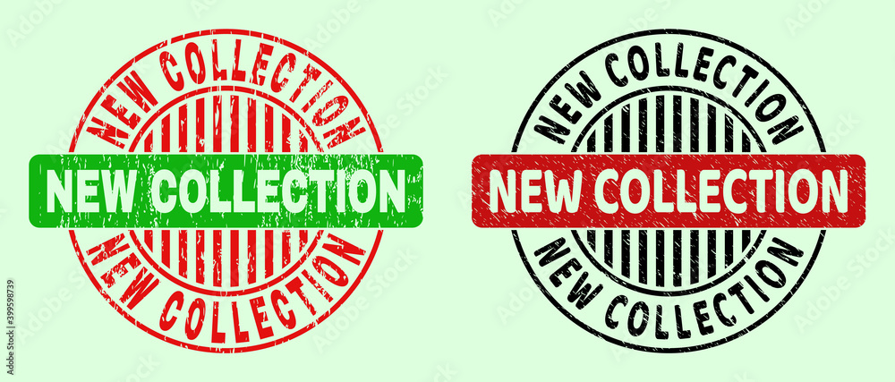 NEW COLLECTION bicolor round imprints with corroded surface. Flat vector grunge stamps with NEW COLLECTION message inside circle, in red, black, green colors. Round bicolor stamps.