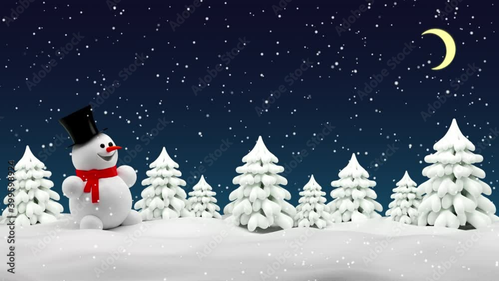Cute snowman in winter forest - snowy night scene. Looped 3d animation.