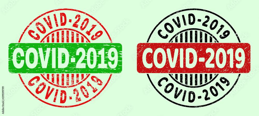 COVID-2019 bicolor round rubber imitations with grunged texture. Flat vector grunge stamps with COVID-2019 text inside round shape, in red, black, green colors. Round bicolor stamps. COVID-2019 bicolor round rubber imitations with grunged texture. Flat vector grunge stamps with COVID-2019 text inside round shape, in red, black, green colors. Round bicolor stamps.