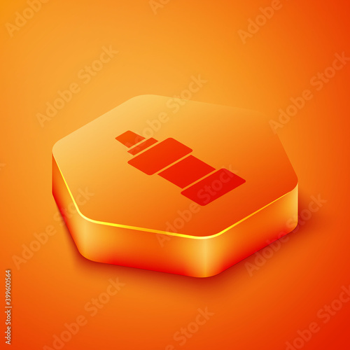 Isometric Plastic bottle for laundry detergent, bleach, dishwashing liquid or another cleaning agent icon isolated on orange background. Orange hexagon button. Vector.