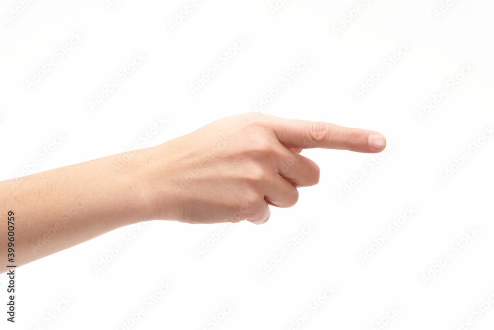 Hand with pointing finger on white background, copy space Hand with pointing finger on white background, copy space
