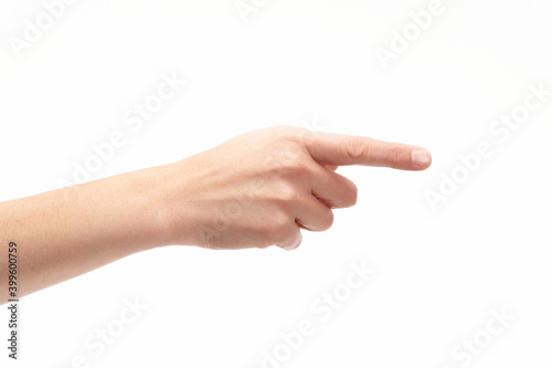 Hand with pointing finger on white background, copy space