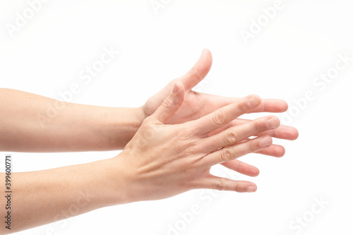 Hands clapping on white background, copy space