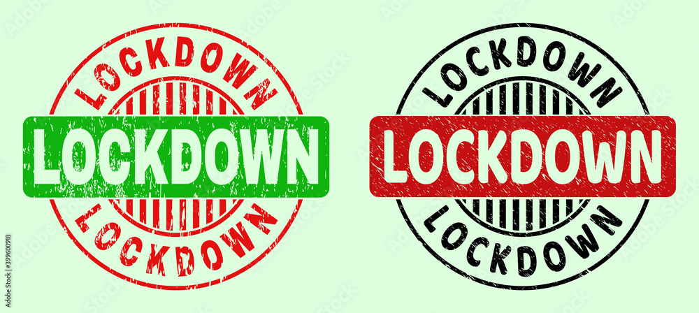 LOCKDOWN bicolor round rubber imitations with grunge style. Flat vector scratched seal stamps using LOCKDOWN phrase inside round shape, in red, black, green colors. Round bicolor stamps. LOCKDOWN bicolor round rubber imitations with grunge style. Flat vector scratched seal stamps using LOCKDOWN phrase inside round shape, in red, black, green colors. Round bicolor stamps.