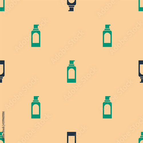 Green and black Spray can for hairspray, deodorant, antiperspirant icon isolated seamless pattern on beige background. Vector.