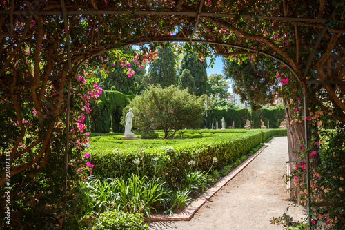 Valencia, Spain-07/20/2019:Monforte Garden - Jardines de Monforte. A neoclassic design full of statues, pools, fountains, walkways and rest areas.	Editorial use only.