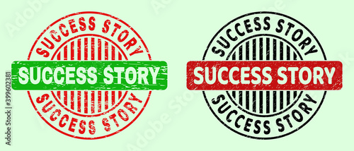 SUCCESS STORY bicolor round watermarks with unclean surface. Flat vector distress stamps using SUCCESS STORY message inside round shape, in red, black, green colors. Round bicolour seal stamps. © imagecatalog