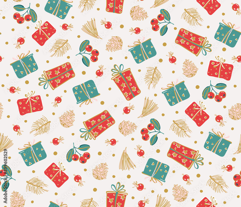 Holiday background, Christmas gifts and berries seamless pattern. Print for fabrics, wrapping paper, textile design
