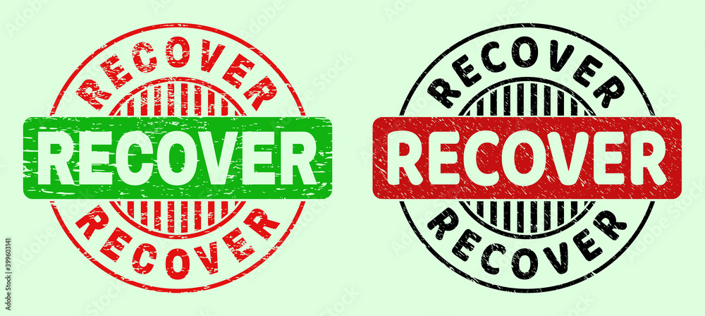 RECOVER bicolor round watermarks with grunged surface. Flat vector scratched watermarks with RECOVER caption inside round shape, in red, black, green colors. Round bicolor seal stamps. RECOVER bicolor round watermarks with grunged surface. Flat vector scratched watermarks with RECOVER caption inside round shape, in red, black, green colors. Round bicolor seal stamps.