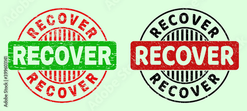 RECOVER bicolor round watermarks with grunged surface. Flat vector scratched watermarks with RECOVER caption inside round shape, in red, black, green colors. Round bicolor seal stamps.