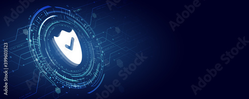 Cyber Security and information or network protection. 3d Internet security concept with shield and hi-tech technology elements background.