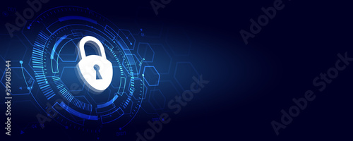 Protection from virus attack. Global antivirus secure system. Abstract blue background with various technology elements. 3d Futuristic padlock vector illustration. Cyber attack protection.