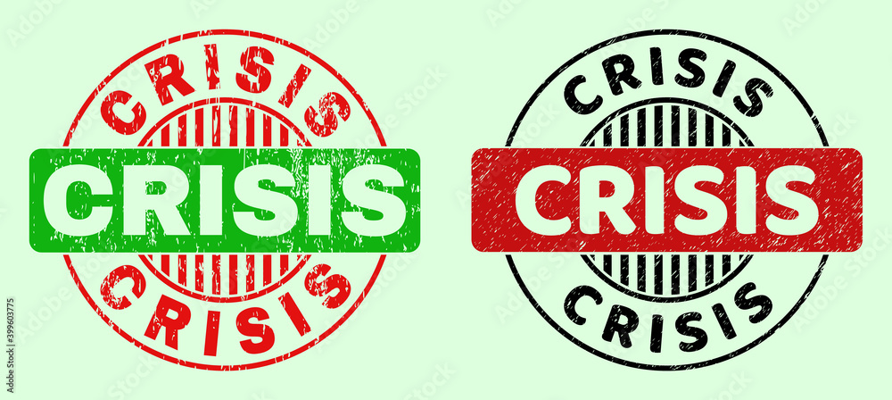 CRISIS bicolor round imprints with scratched texture. Flat vector scratched stamps with CRISIS phrase inside round shape, in red, black, green colors. Rounded bicolor stamps.