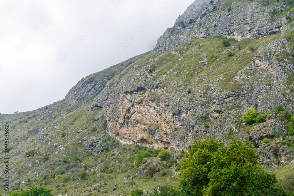 Cloudy view of mountains of Dzivgis village in North Osetia Alania, North Caucasus, Russia