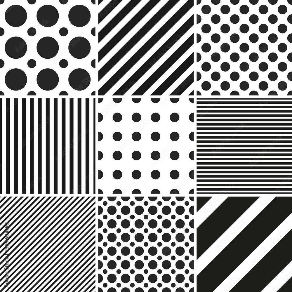 Collection of vector geometric seamless patterns. Simple dotted and striped textures - repeatable backgrounds. Black and white unusual design