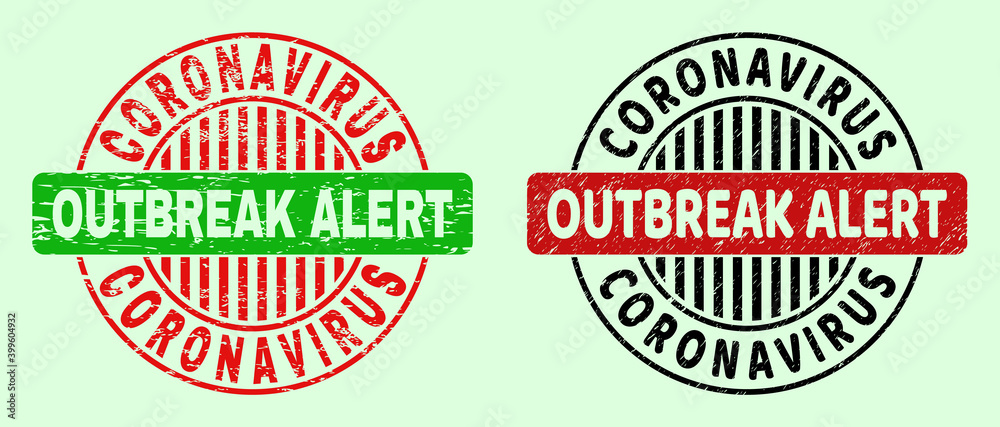 CORONAVIRUS OUTBREAK ALERT bicolor round imprints with unclean surface. Flat vector grunge stamps with CORONAVIRUS OUTBREAK ALERT message inside circle, in red, black, green colors.