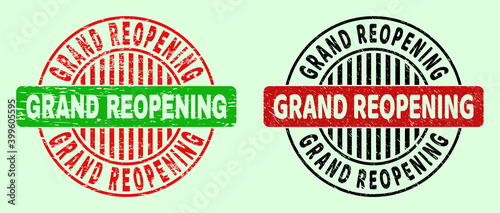 GRAND REOPENING bicolor round rubber imitations with grunged style. Flat vector grunge seals with GRAND REOPENING title inside round shape, in red, black, green colors. Rounded bicolor seals.