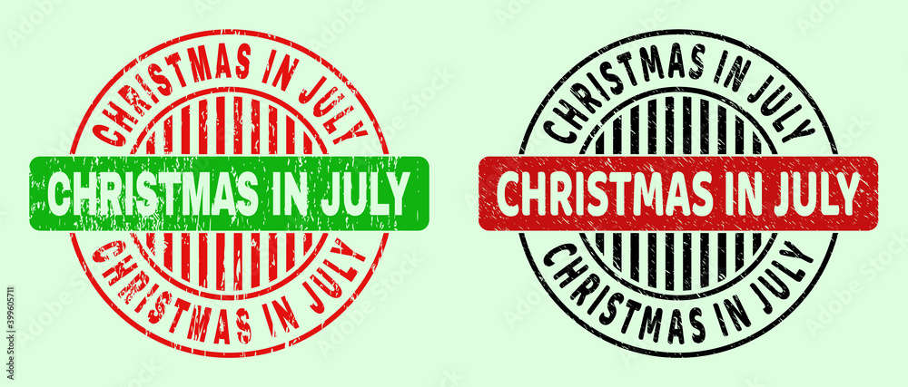 CHRISTMAS IN JULY bicolor round imprints with grunge style. Flat vector distress seal stamps using CHRISTMAS IN JULY text inside round shape, in red, black, green colors. Round bicolor seals.