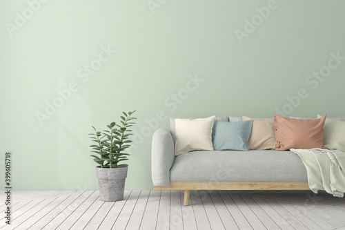 Mock up of mint living room with sofa. Scandinavian interior design. 3D illustration