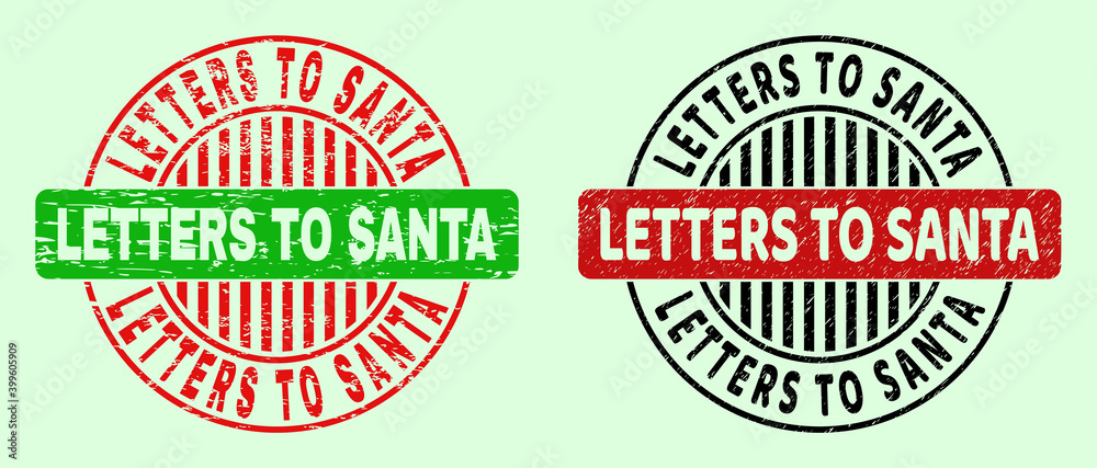 LETTERS TO SANTA bicolor round rubber imitations with distress style. Flat vector grunge seal stamps with LETTERS TO SANTA phrase inside round shape, in red, black, green colors. LETTERS TO SANTA bicolor round rubber imitations with distress style. Flat vector grunge seal stamps with LETTERS TO SANTA phrase inside round shape, in red, black, green colors.