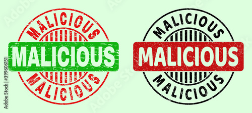 MALICIOUS bicolor round rubber imitations with grunge surface. Flat vector scratched seal stamps using MALICIOUS text inside round shape, in red, black, green colors. Round bicolour stamps.