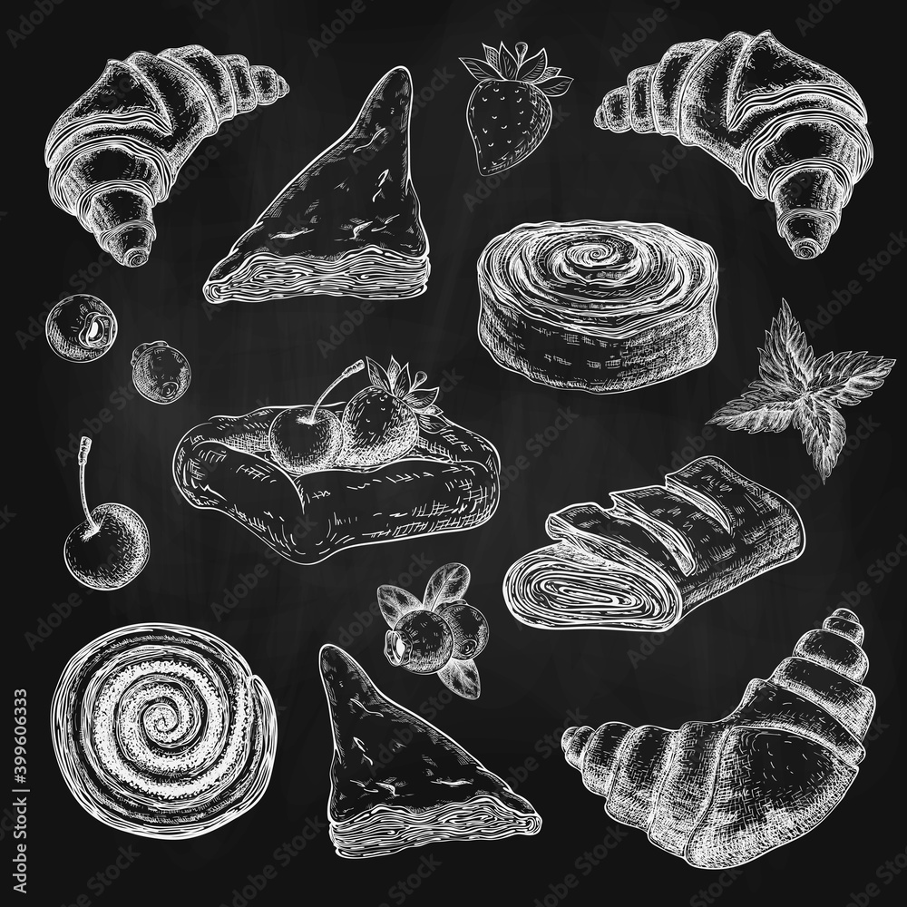 puff pastries sketch collection on black chalkboard. Pastry with