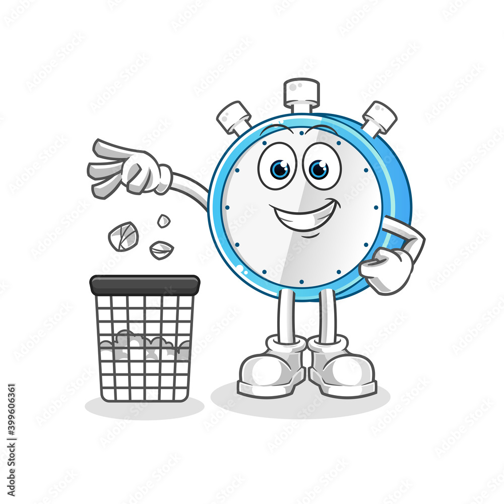 alarm clock Throw garbage in trash can mascot. cartoon vector alarm clock Throw garbage in trash can mascot. cartoon vector
