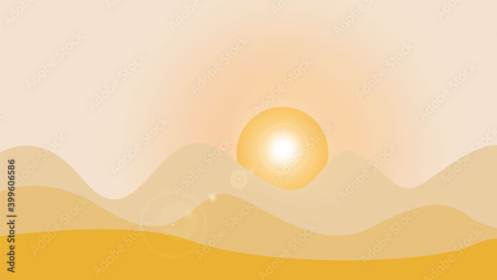 Obraz premium Beautiful desert natural landscape in yellow colors with views of the sand dunes and mountains and the horizon at dawn