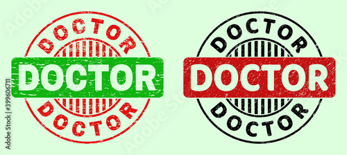 DOCTOR bicolor round imprints with unclean texture. Flat vector textured seal stamps with DOCTOR text inside round shape, in red, black, green colors. Round bicolour seal stamps.