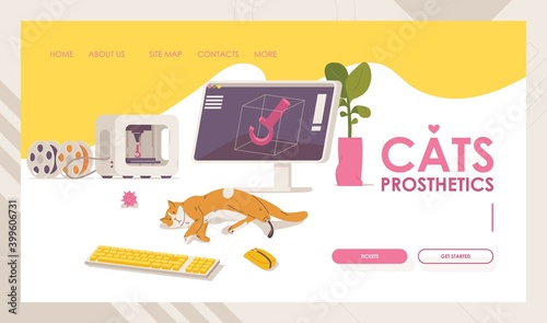 Cats prosthesis landing page template. Vector vibrant banner with 3d printer, desktop monitor and kitten without leg