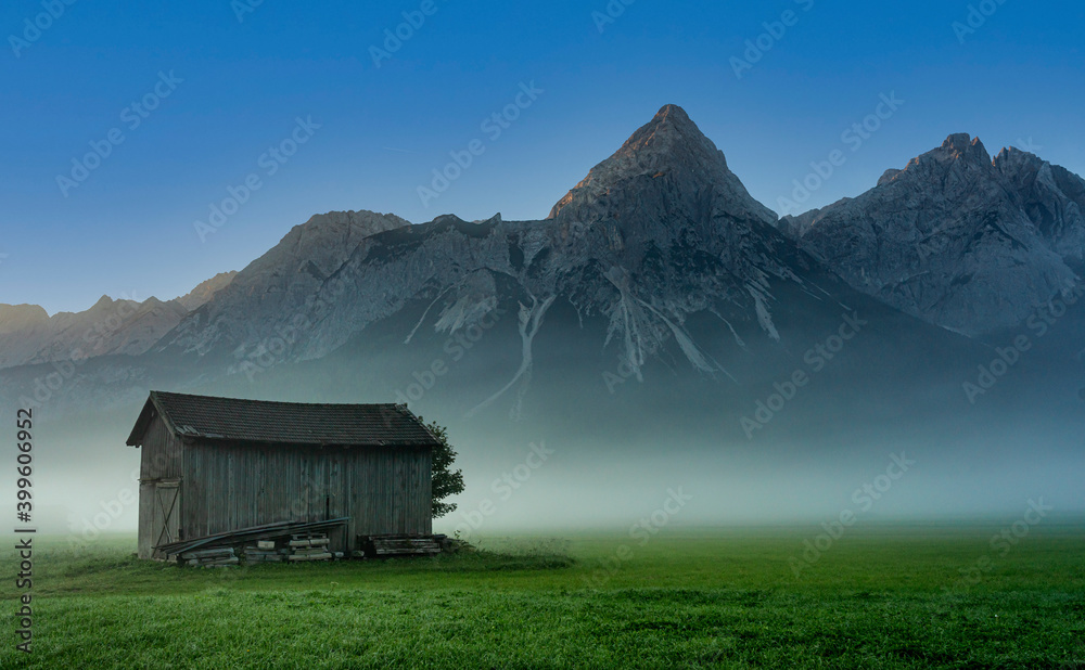 Morning fog on the Wetterstein Mountains in Tyrol