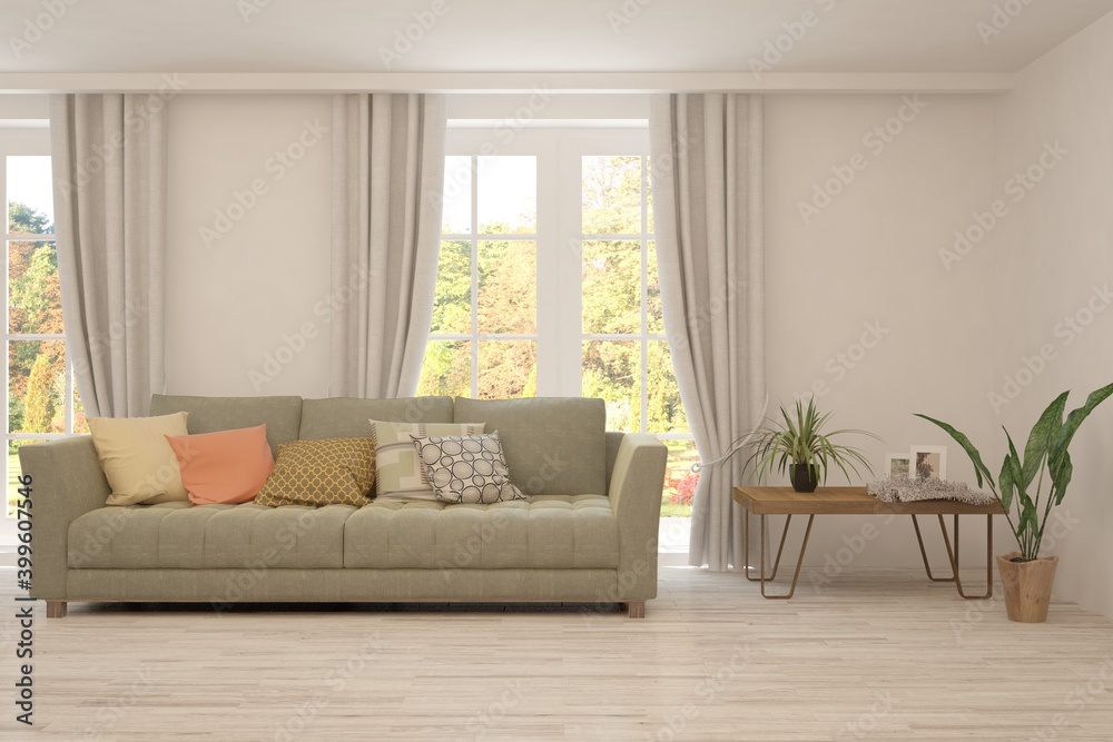 Stylish room in white color with sofa and autumn landscape in window. Scandinavian interior design. 3D illustration Stylish room in white color with sofa and autumn landscape in window. Scandinavian interior design. 3D illustration