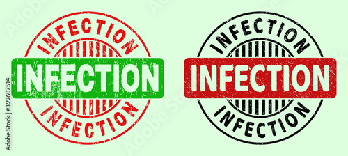 INFECTION bicolor round rubber imitations with grunged texture. Flat vector textured seal stamps with INFECTION message inside round shape, in red, black, green colors. Round bicolour seal stamps.