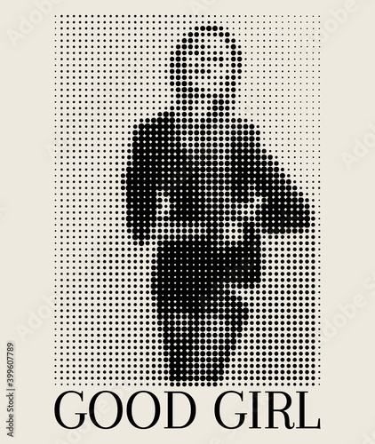 Vector hand drawn illustration of girl in jacket and stockings. Creative artwork. Template for card, poster, banner, print for t-shirt, pin, badge, patch.
