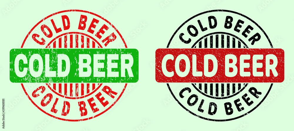 COLD BEER bicolor round watermarks with scratched texture. Flat vector scratched seal stamps with COLD BEER phrase inside circle, in red, black, green colors. Round bicolour seal stamps. COLD BEER bicolor round watermarks with scratched texture. Flat vector scratched seal stamps with COLD BEER phrase inside circle, in red, black, green colors. Round bicolour seal stamps.