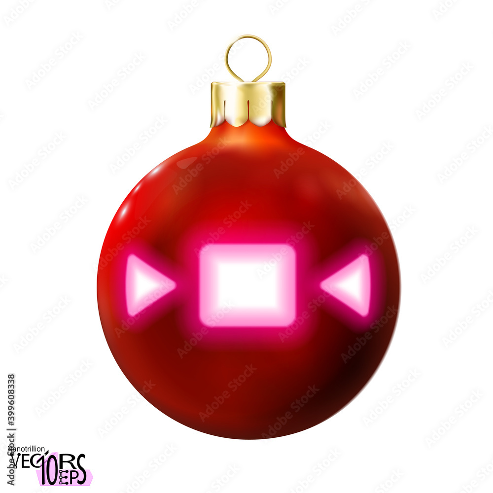 Obraz premium Red Christmas ball decorated candy, pink neon lamp, isolated on white. Icon, glossy realistic bauble. Merry xmas, New year design decoration. Modern fluorescent. Vector illustration