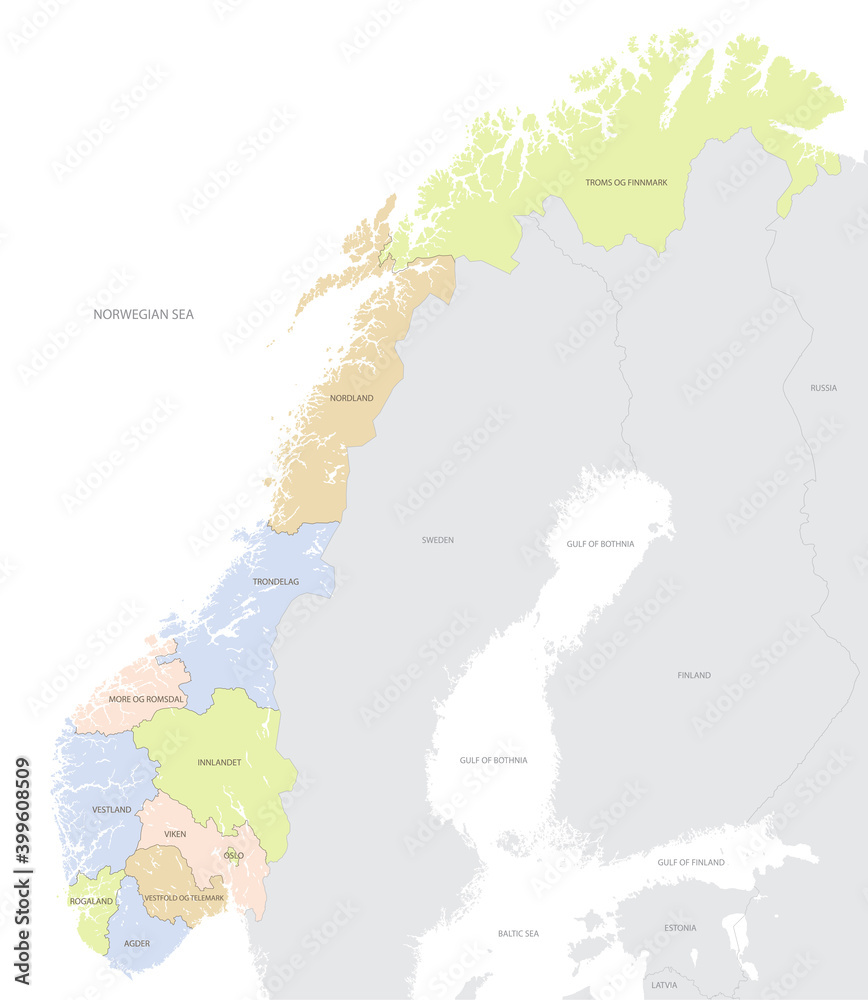 Norway location map in Europe with administrative divisions of the country, detailed vector illustration