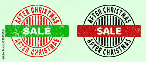 AFTER CHRISTMAS SALE bicolor round rubber imitations with grunge texture. Flat vector scratched seals with AFTER CHRISTMAS SALE phrase inside circle, in red, black, green colors. Round bicolor seals.