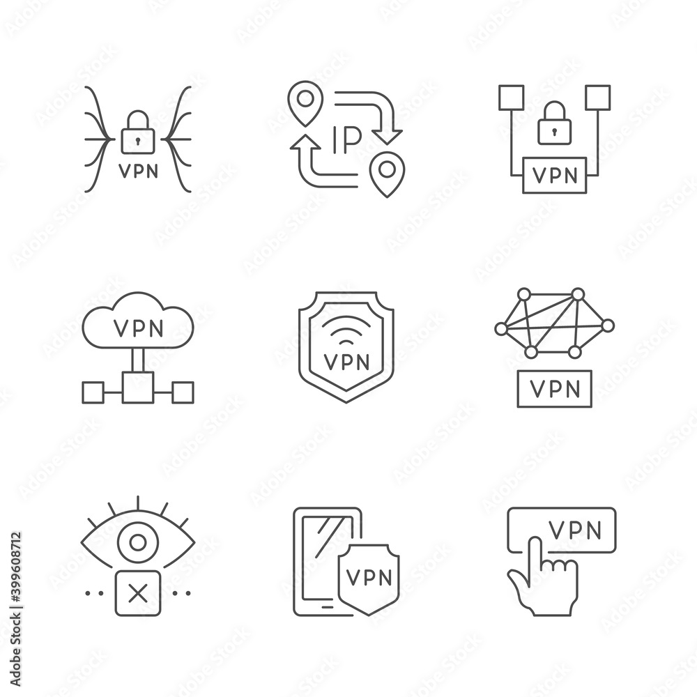Fototapeta premium Set line outline icons of VPN