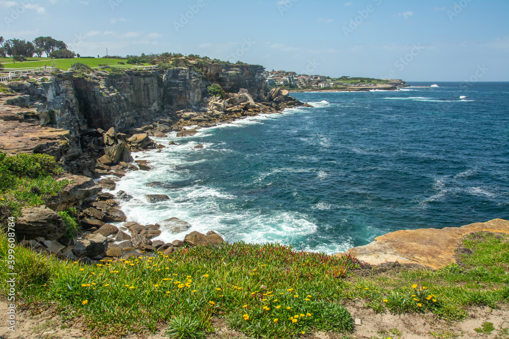 Dramatic rocky coastline near the Coogee Beach on Thompsons Bay, Sydney, New South Wales, Australia