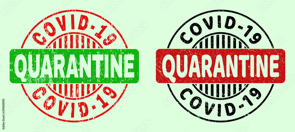 COVID-19 QUARANTINE bicolor round rubber imitations with distress texture. Flat vector distress watermarks with COVID-19 QUARANTINE title inside round shape, in red, black, green colors. COVID-19 QUARANTINE bicolor round rubber imitations with distress texture. Flat vector distress watermarks with COVID-19 QUARANTINE title inside round shape, in red, black, green colors.
