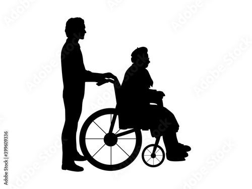 Silhouettes of man walking grandmother in wheelchair