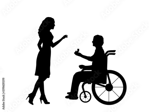 Silhouettes of man in wheelchair makes an offer gives wedding ring to woman