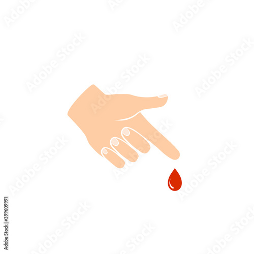 Cartoon finger with blood drop illustration. Perfect blood test design for healthcare collection. Symbol of blood test. Vector illustration