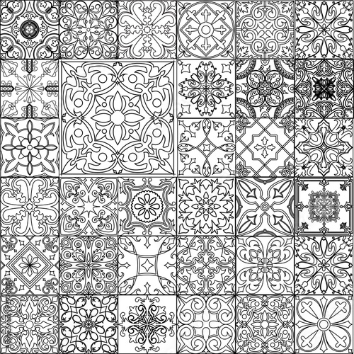 Set of  tiles background in portuguese style. Back and white mosaic background in dutch, portuguese, spanish, italian style.