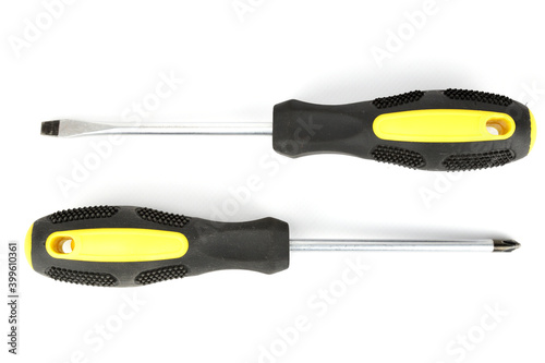 Obraz na płótnie Phillips and flathead screwdrivers with black and yellow handles
