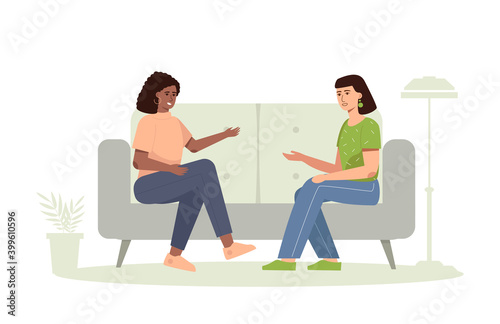 Conversation of friends. Two female characters are sitting on the sofa  smiling  talking. Consultation with a psychologist.