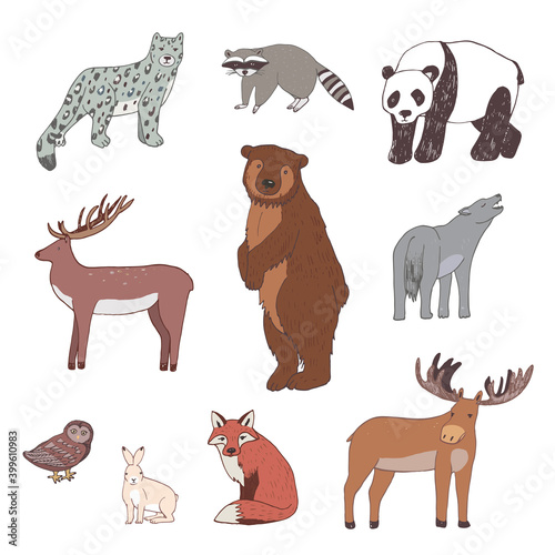 eurasia continent world animals map hand drawn vector illustrations pastel color set